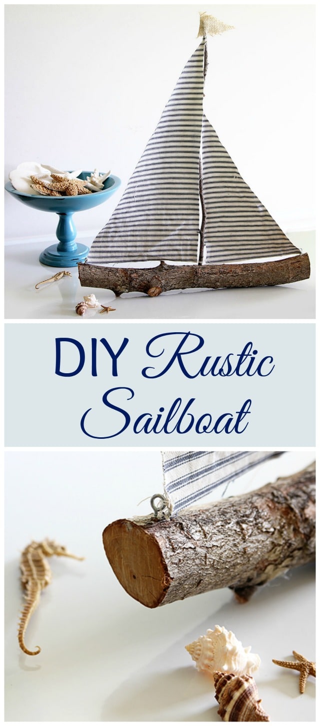 Quick and easy DIY rustic sailboat made from a tree branch - cool idea for a Nautical Nursery or Coastal Decor!