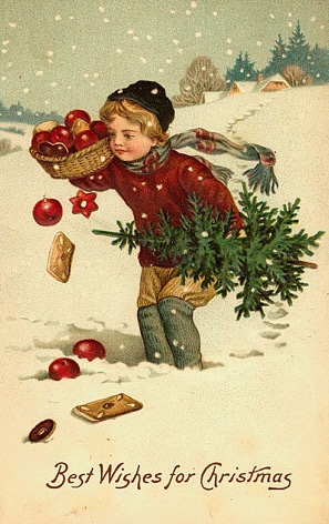 Vintage Christmas cards and postcards - boy carrying a Christmas tree and a basket of apples.