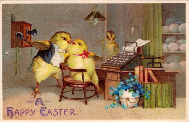 Easter chicks working in an office - super cute vintage Easter postcards and printables for your spring DIY projects and crafts!