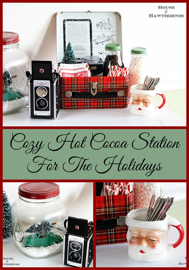 Vintage styled hot cocoa station - LOTS of unique ideas and inspiration for using plaid Christmas decor in your home for the holidays, including both buffalo check and traditional plaids.