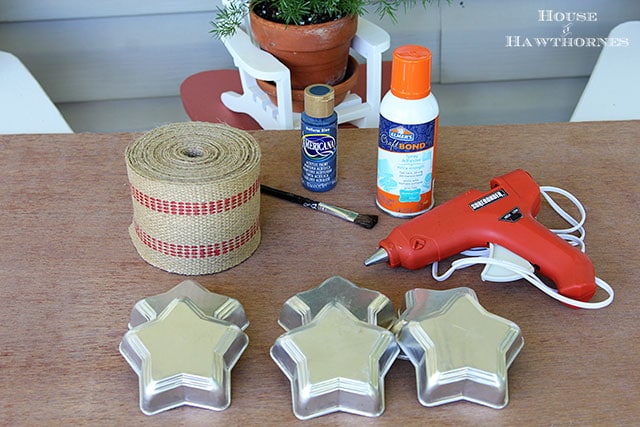 Supplies For Making DIY Rustic Flag Made With Tin Jello Molds And Jute Upholstery Webbing
