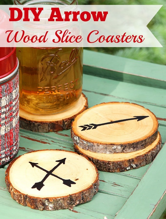 Super easy DIY Wood Slice Coasters made from craft store wood slices. No fancy wood burning tools required. Includes free printable templates for the arrows and instructions on How To Seal Wood Coasters!