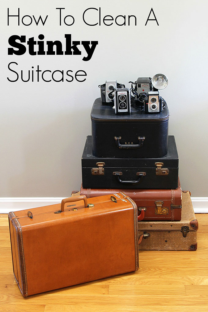Tips for cleaning vintage suitcases both inside and out. Removing odors from vintage luggage is easier than you think! #cleaningtips #cleaning #vintagehomedecor #retrodecor