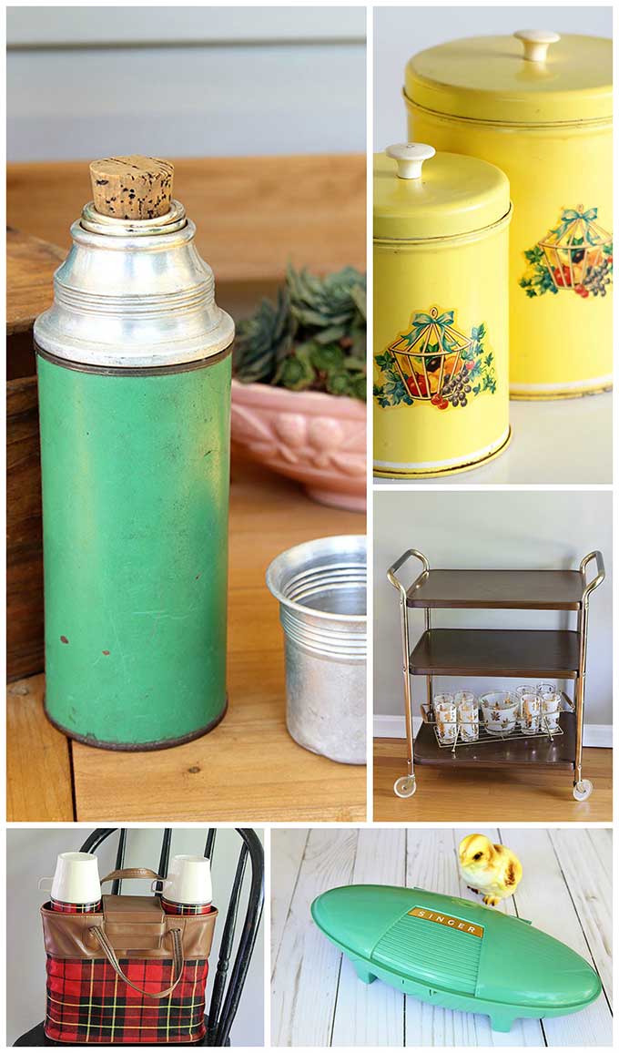Weekend thrift store score including vintage plaid Thermos picnic set, mid-century modern rolling kitchen cart and lots more kitschy goodness.