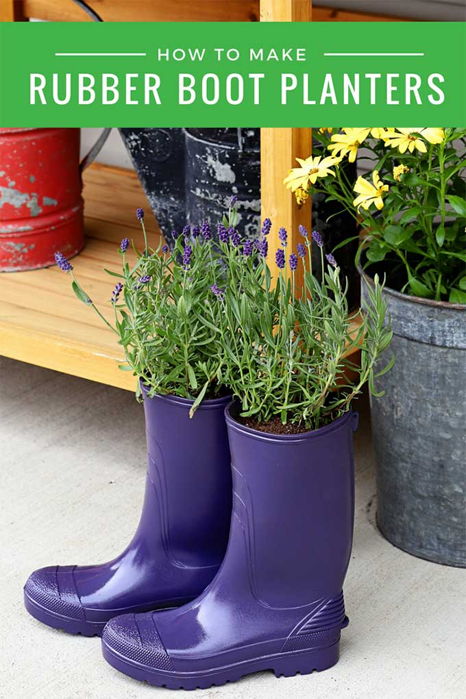 Learn how to make super cute garden planters out of old rubber boots (rain boots and wellies will work just as well). Boot planters are a great upcycled planter idea! #gardenart #gardenjunk #recycled #upcycle #repurposed #DIYproject